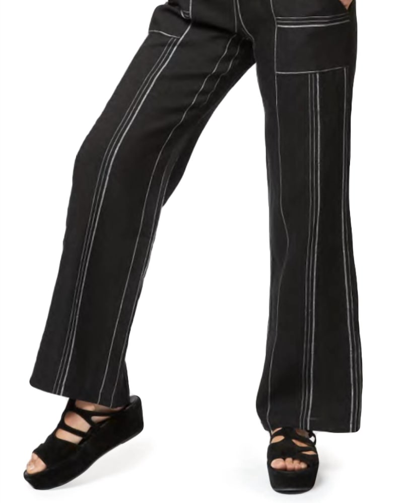 Front of a model wearing a size XL Amalfi Linen Pant Stripe in Black Multi in Black Multi by INIZIO. | dia_product_style_image_id:332439